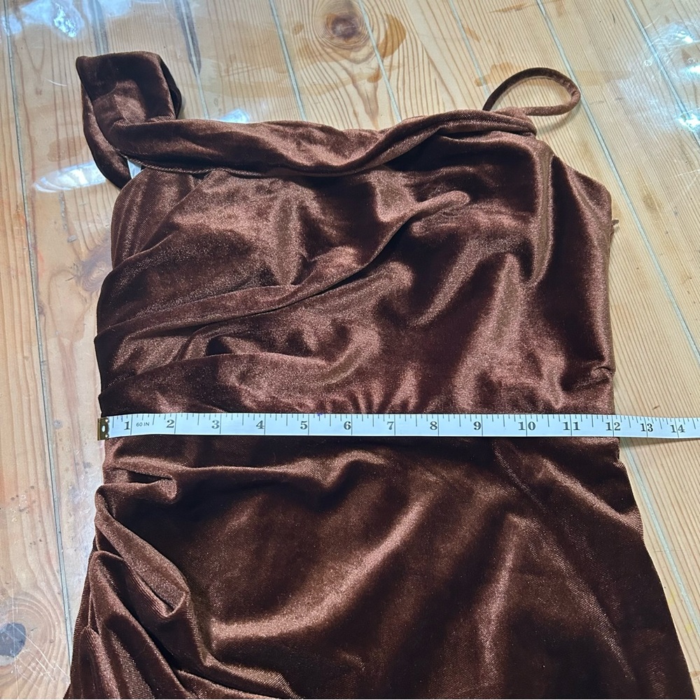 Lulus Showing Off a Little Brown Velvet Asymmetrical Tulip Midi Dress - Picture 3 of 9
